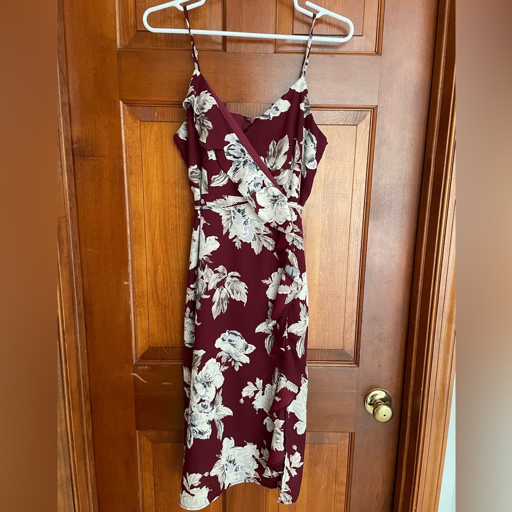 LULUS Burgundy Floral Print Ruffled Midi Dress